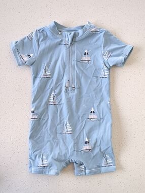 Petit Lem Light Blue Sailboat Short Sleeve One-Piece